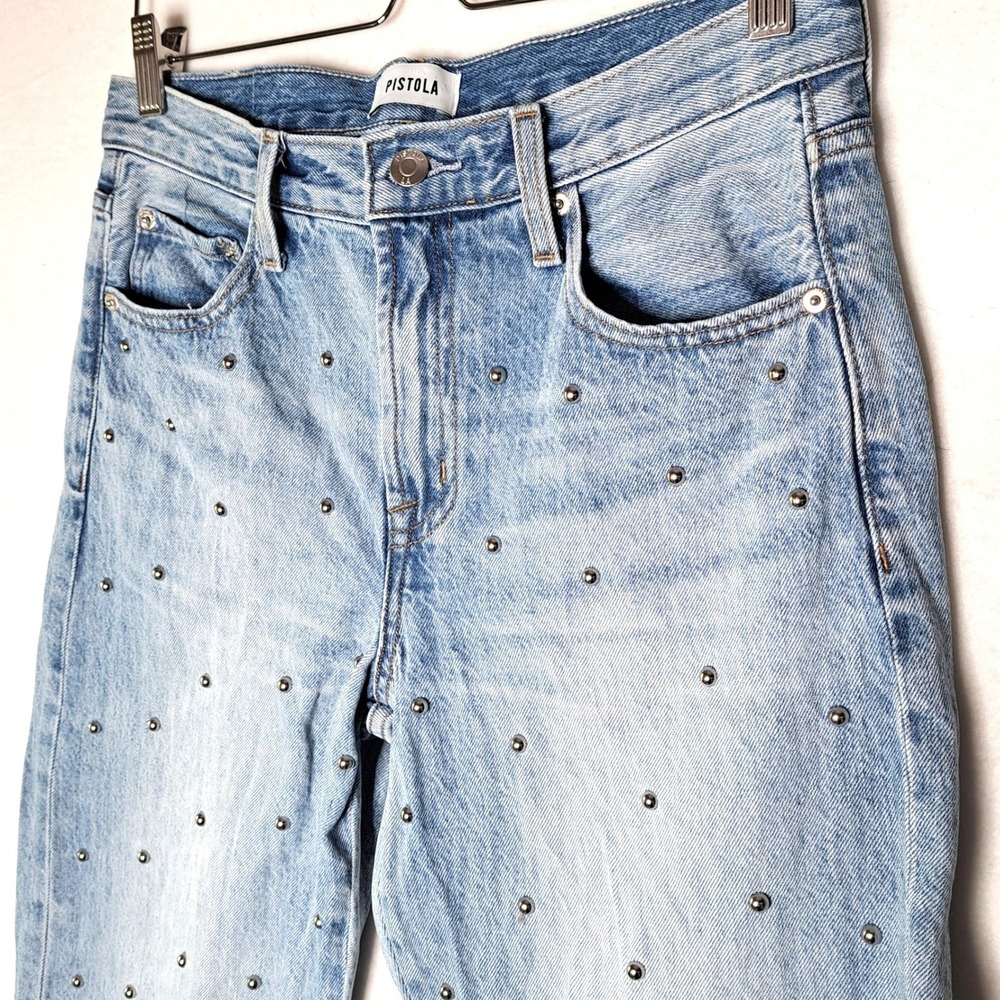 Pistola Aries Straight Leg Jeans Womens 27 Light Wash Silver Allover Stud Detail - Picture 6 of 13